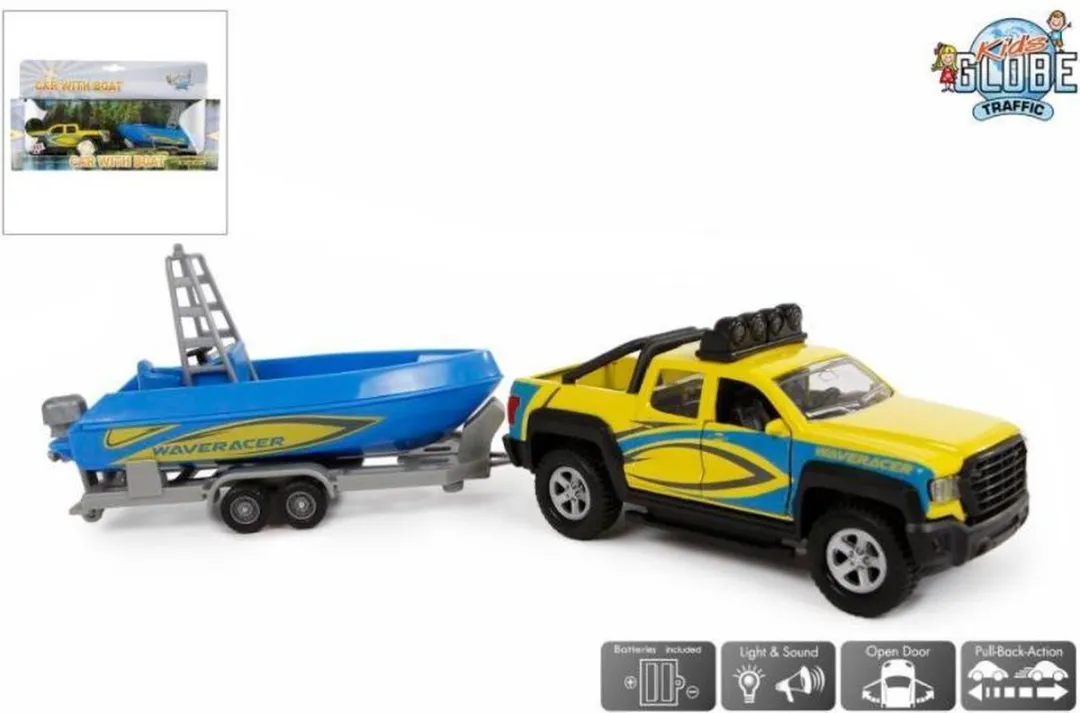 Kids Globe Terreinwagen met Trailer en Boot, 29cm