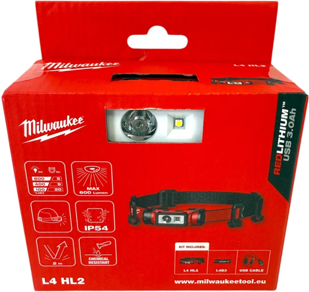Milwaukee L4 HL2-301 USB Hoofdlamp - Rood