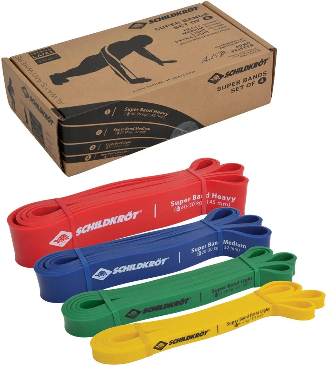 Schildkröt fitness weerstandsbanden set van 4 elastische super bands.
