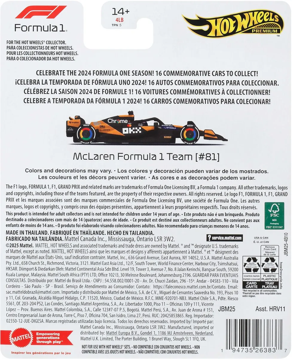 Hot Wheels Premium Formule 1 Oscar Piastri McLaren JBM25