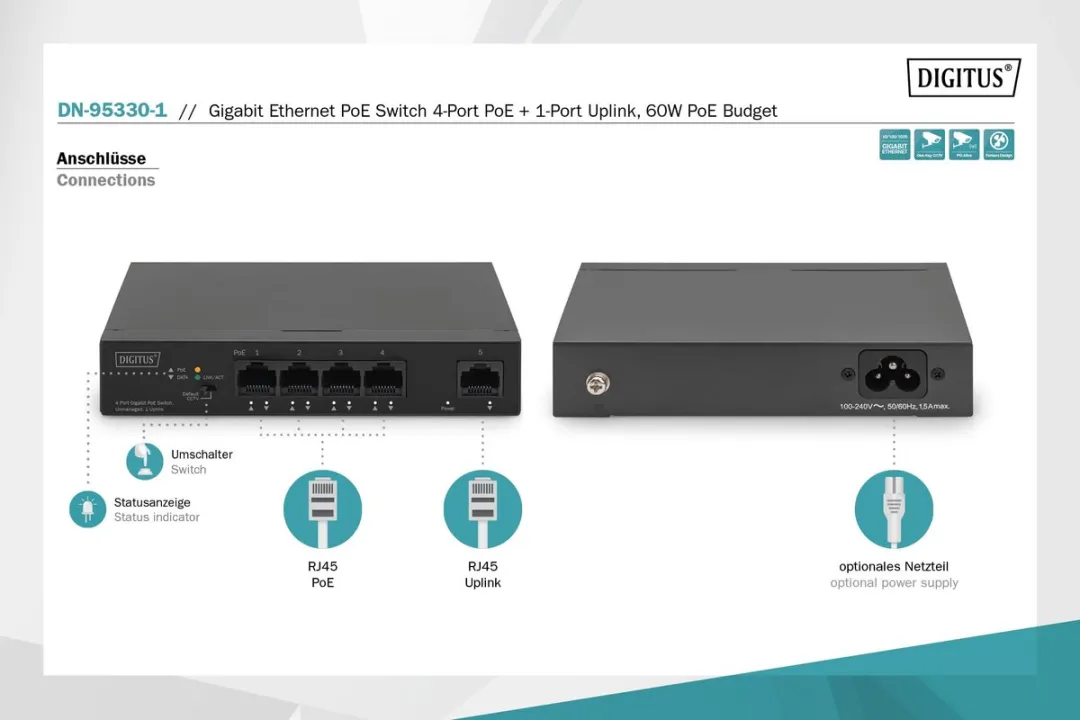 Digitus DN-95330-1 Unmanaged Gigabit Switch PoE - Zwart - afbeelding 6 van 6
