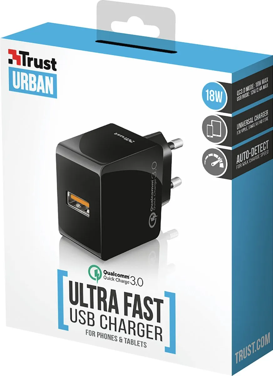 Trust UR ULTRAFAST QC3 21818 Wandoplader 18W - Zwart