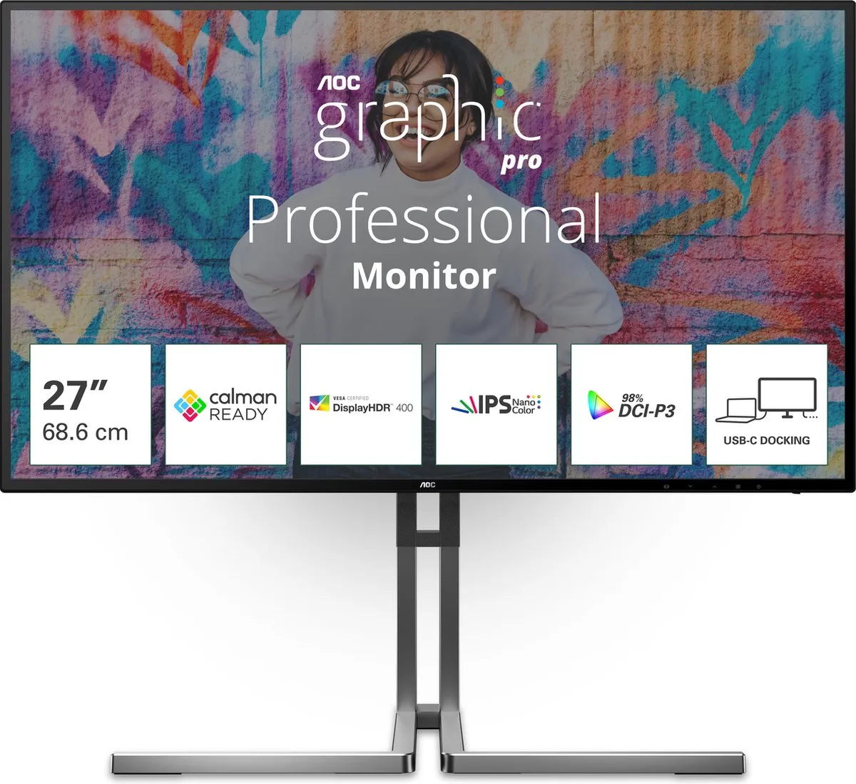 AOC U27U3CV 4K Monitor - USB-C Dock - 27" Zwart