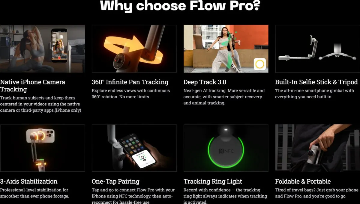 Insta360 Flow Pro CINSAATA Gimbal - Smartphone - 2900mAh - Grijs