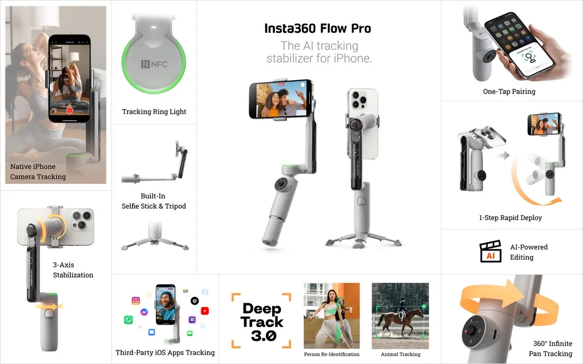 Insta360 Flow Pro CINSAATA Gimbal - Smartphone - 2900mAh - Grijs