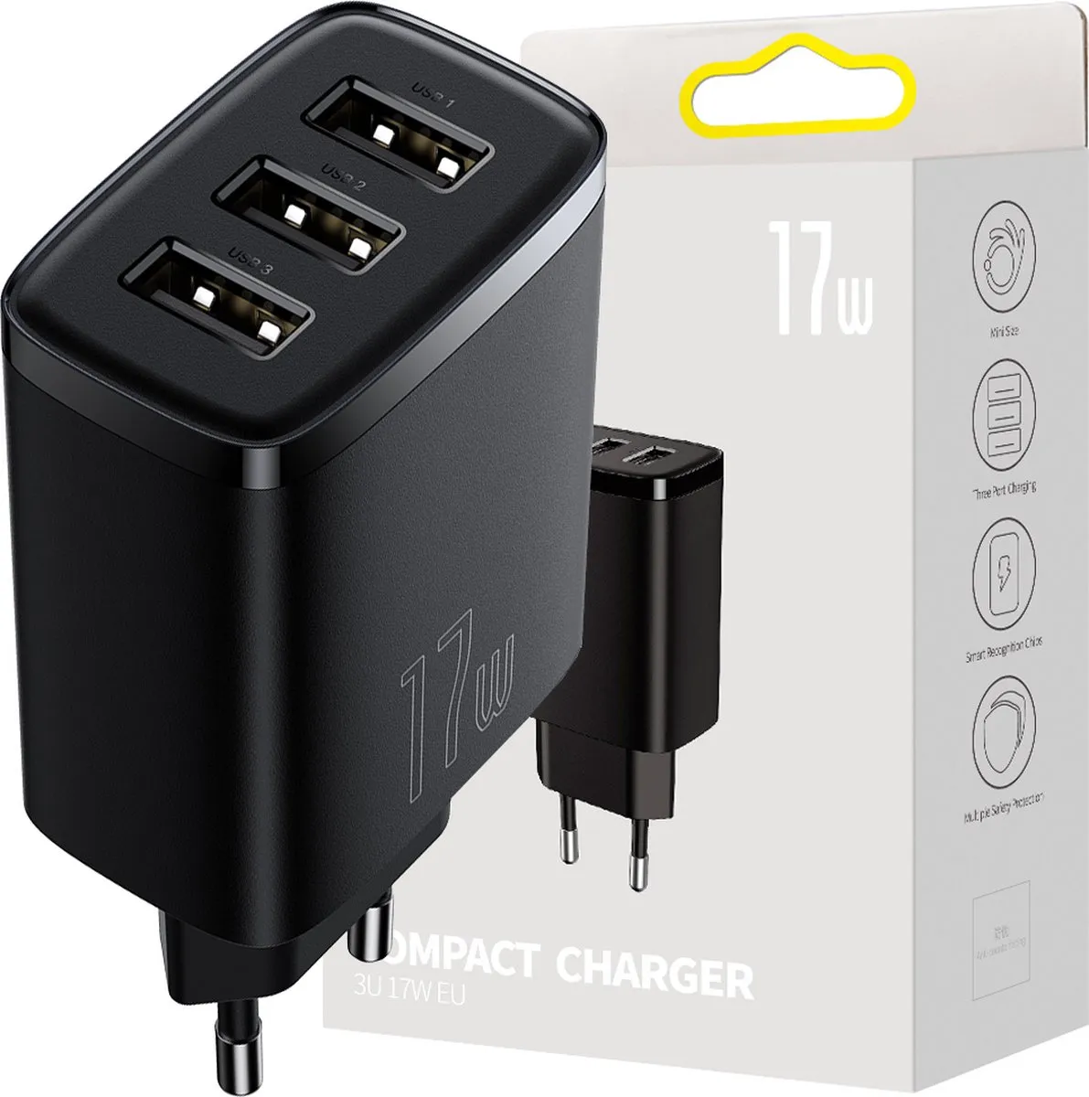 Baseus 17W USB Oplader - 3 Poorten - Zwart