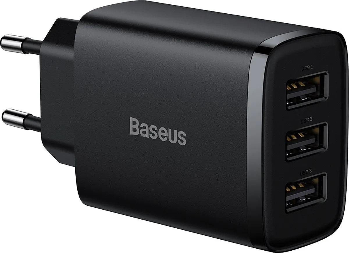 Baseus 17W USB Oplader - 3 Poorten - Zwart