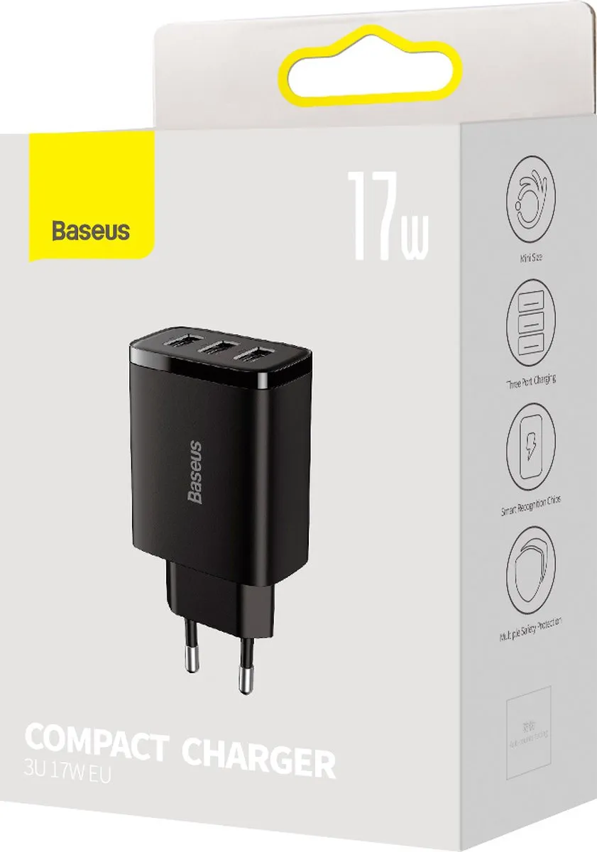 Baseus 17W USB Oplader - 3 Poorten - Zwart - afbeelding 6 van 6