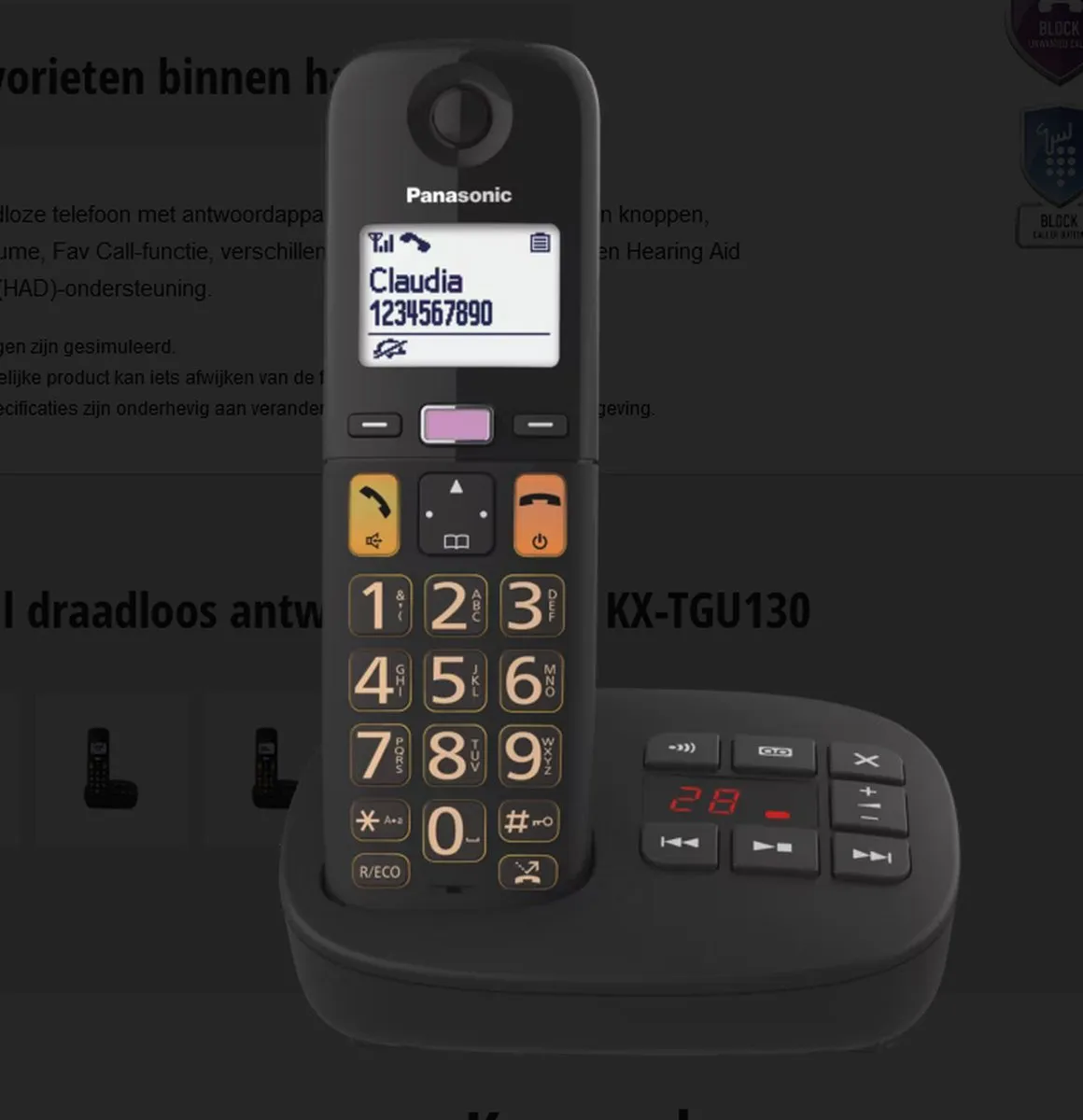 Panasonic KX-TGU130EXB Seniorentelefoon - 1 Handset - Antwoordapparaat - Zwart