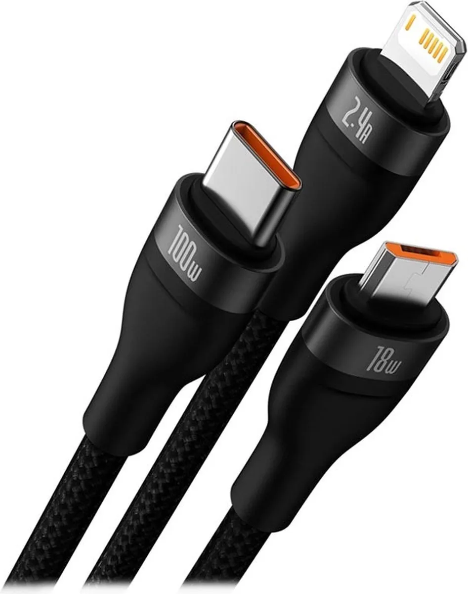 Baseus 100W Flash Series 2 CASS030001 - 3-in-1 Kabel - 1,2m - Zwart