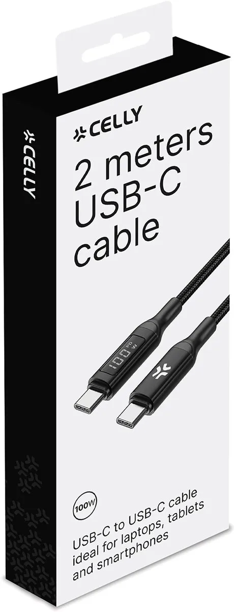 Celly USB-C naar USB-C Kabel 100W LED - 2m - Zwart