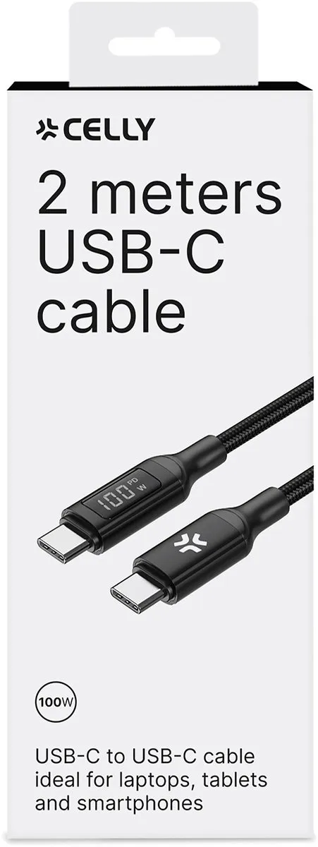Celly USB-C naar USB-C Kabel 100W LED - 2m - Zwart