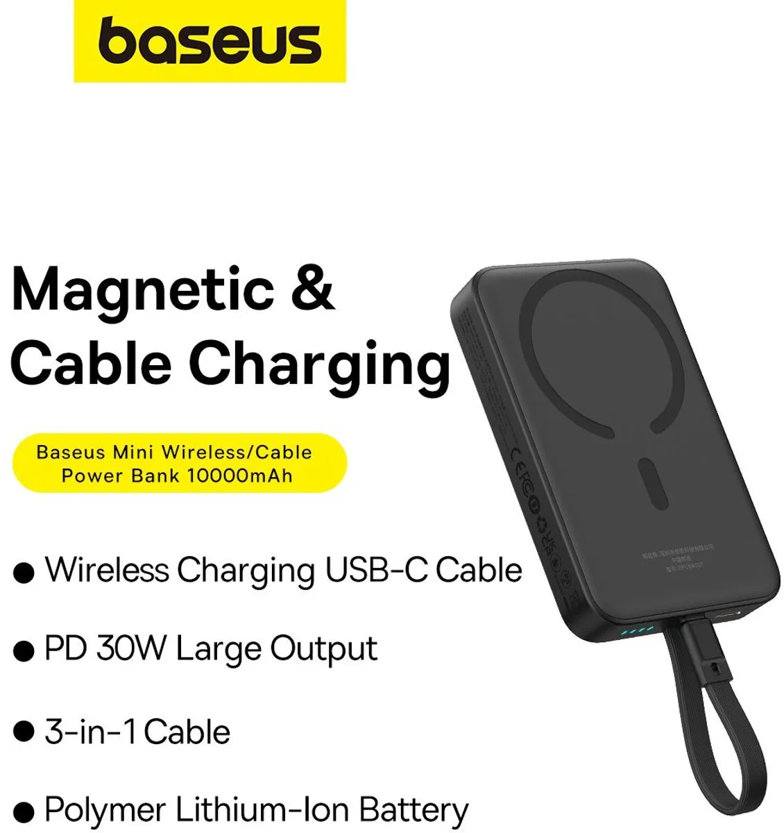 Baseus Magnetic Mini 10000mAh Powerbank 30W - Zwart + USB-C Kabel 60W