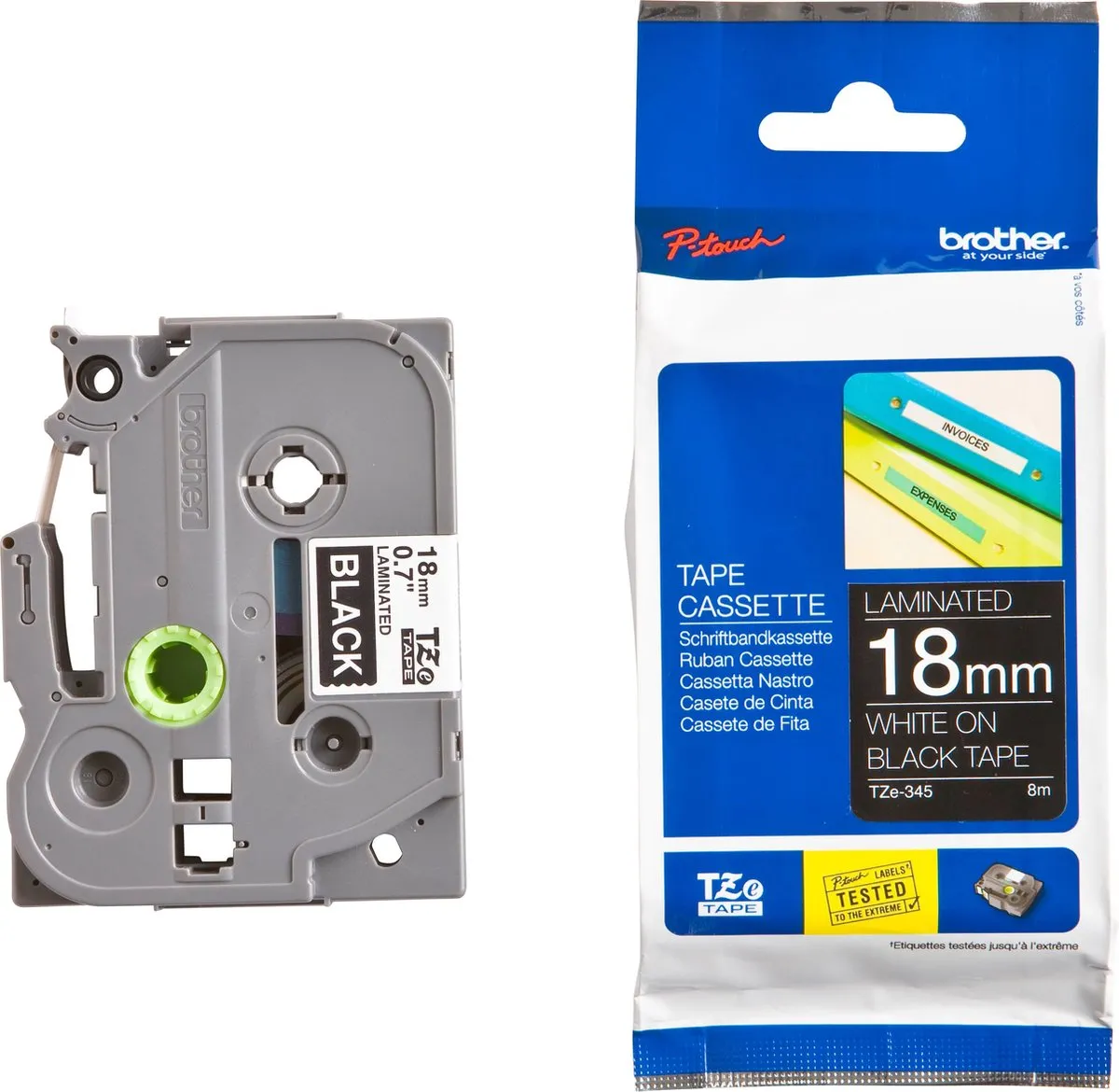 Brother TZE345 Tape 18mm - 8m - Wit op zwart - Gelamineerd
