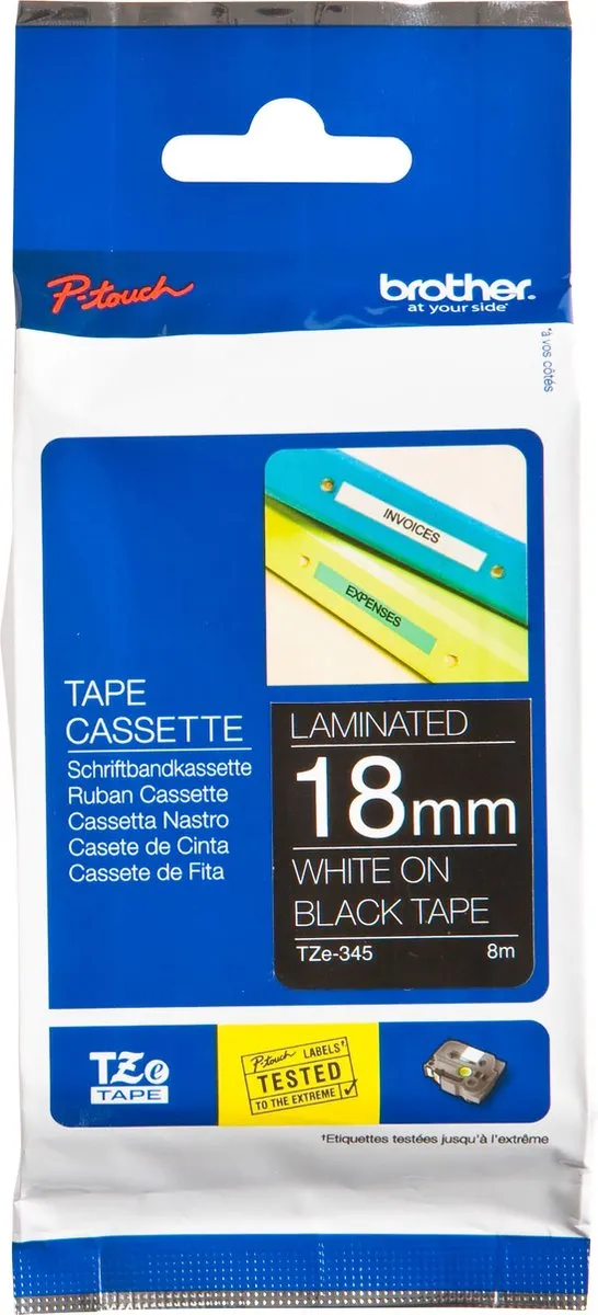 Brother TZE345 Tape 18mm - 8m - Wit op zwart - Gelamineerd