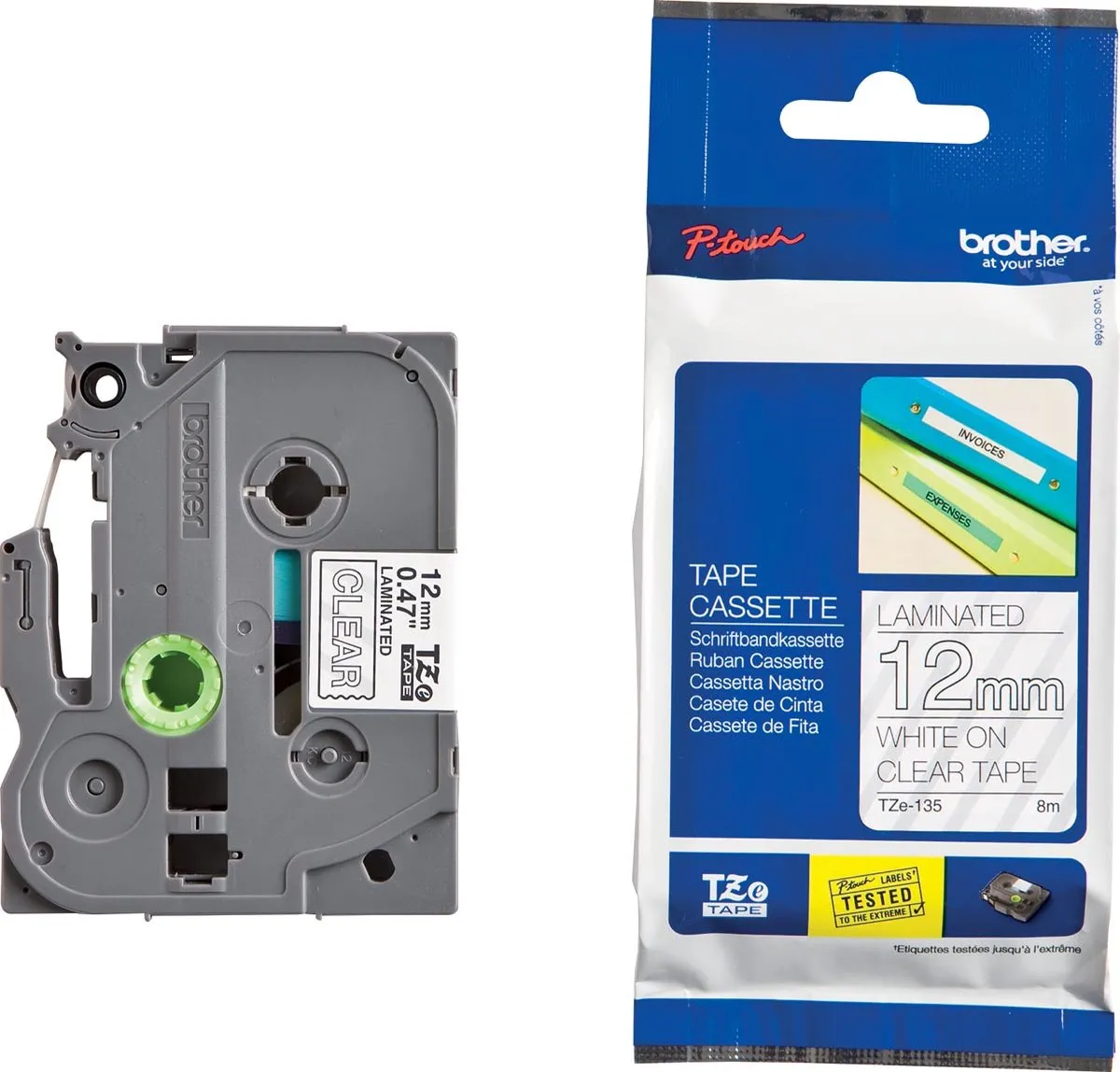 Brother TZE135 Tape 12mm - 8m - Wit op transparant