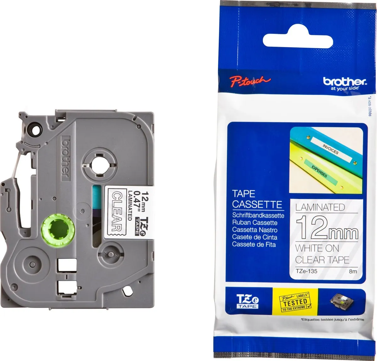 Brother TZE135 Tape 12mm - 8m - Wit op transparant