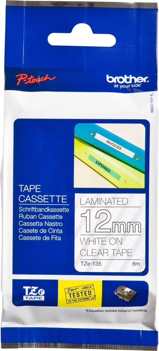 Brother TZE135 Tape 12mm - 8m - Wit op transparant - afbeelding 6 van 6