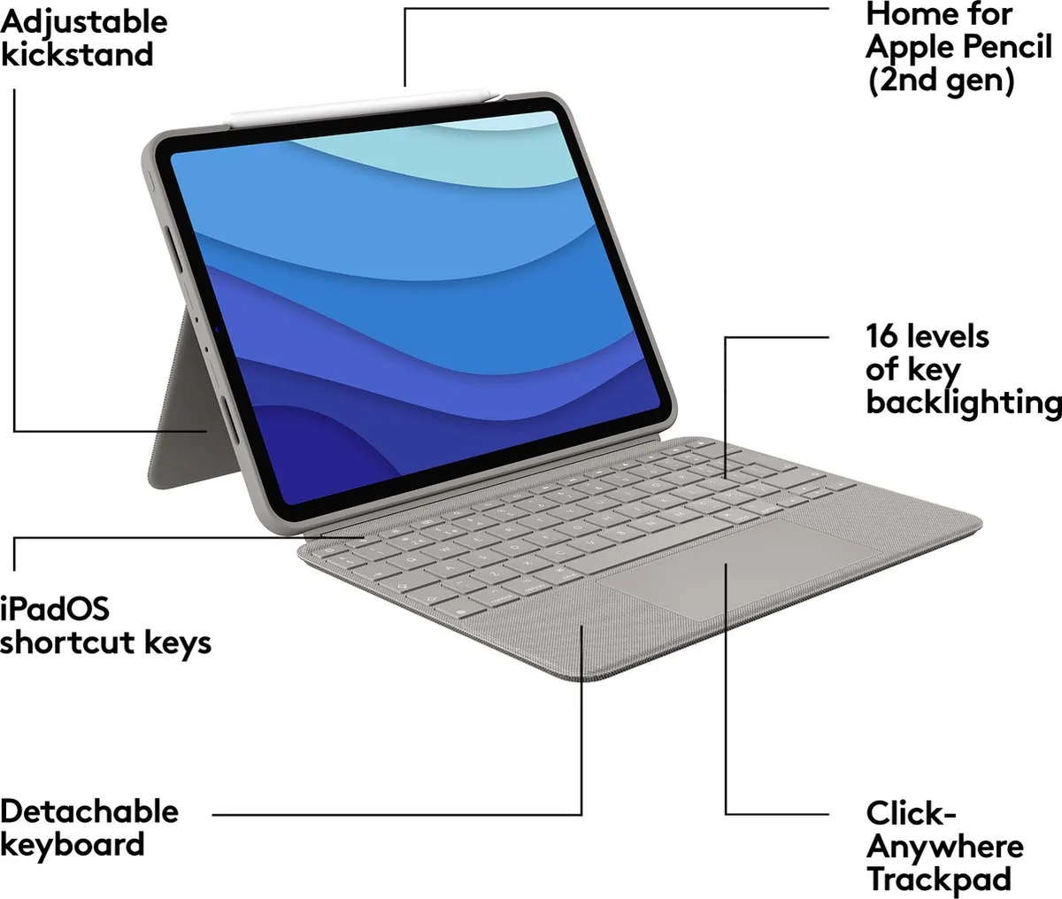 Logitech Combo Touch iPad Pro 11 920-010168 - Keyboard Case - Zand - afbeelding 6 van 6