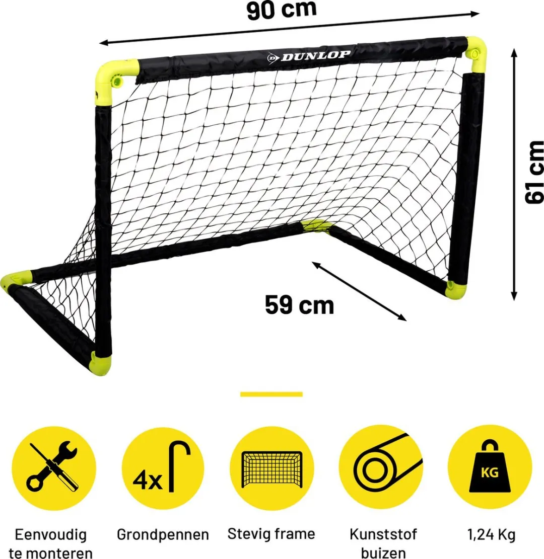 Dunlop Voetbaldoel & Reflecterende Bal Set 90x59cm - Maat 5 - Zwart/Geel