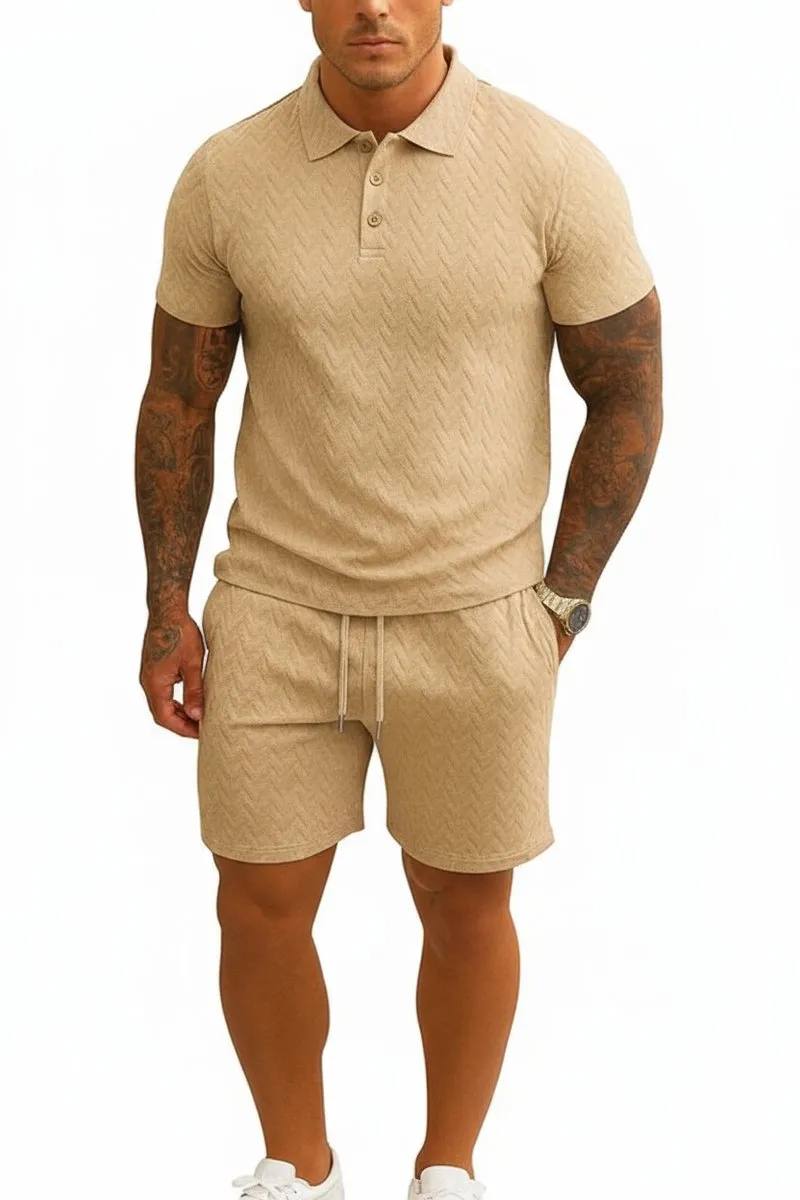 RedParrot Zomerset Deluxe Heren Polo & Korte Broek Set - Beige/Wit