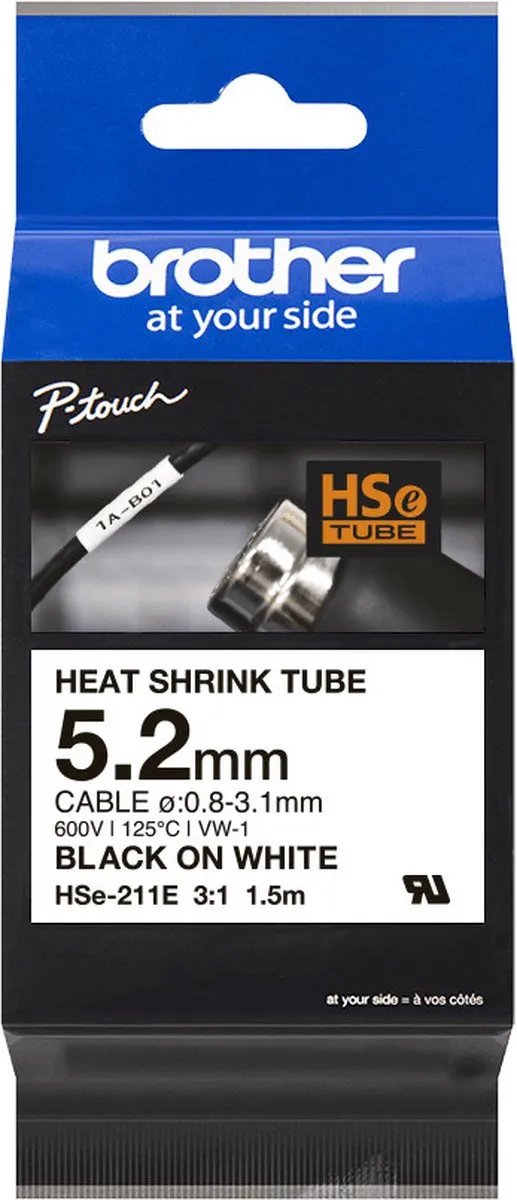 Brother HSE211E Labeltape Krimpkous - Wit/Zwart 5.2mm 1.5m