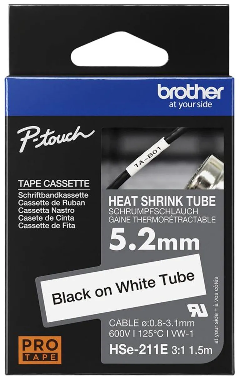 Brother HSE211E Labeltape Krimpkous - Wit/Zwart 5.2mm 1.5m