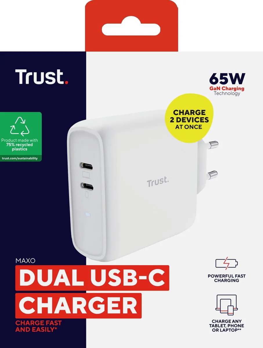 Trust Maxo Oplader 65W - 2x USB-C - Wit - afbeelding 6 van 6