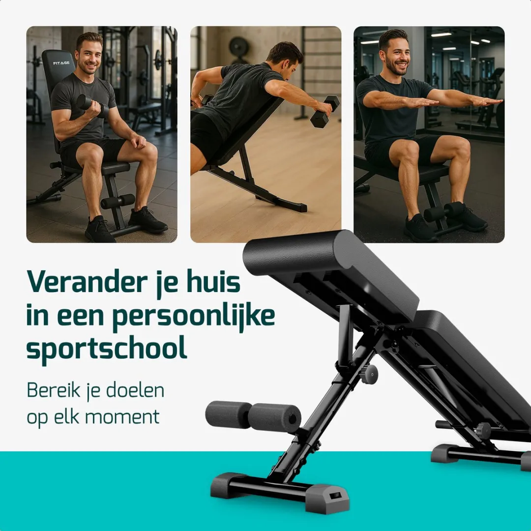 FITAGE Fitnessbank Halterbank 300KG - Verstelbaar Inklapbaar - Zwart