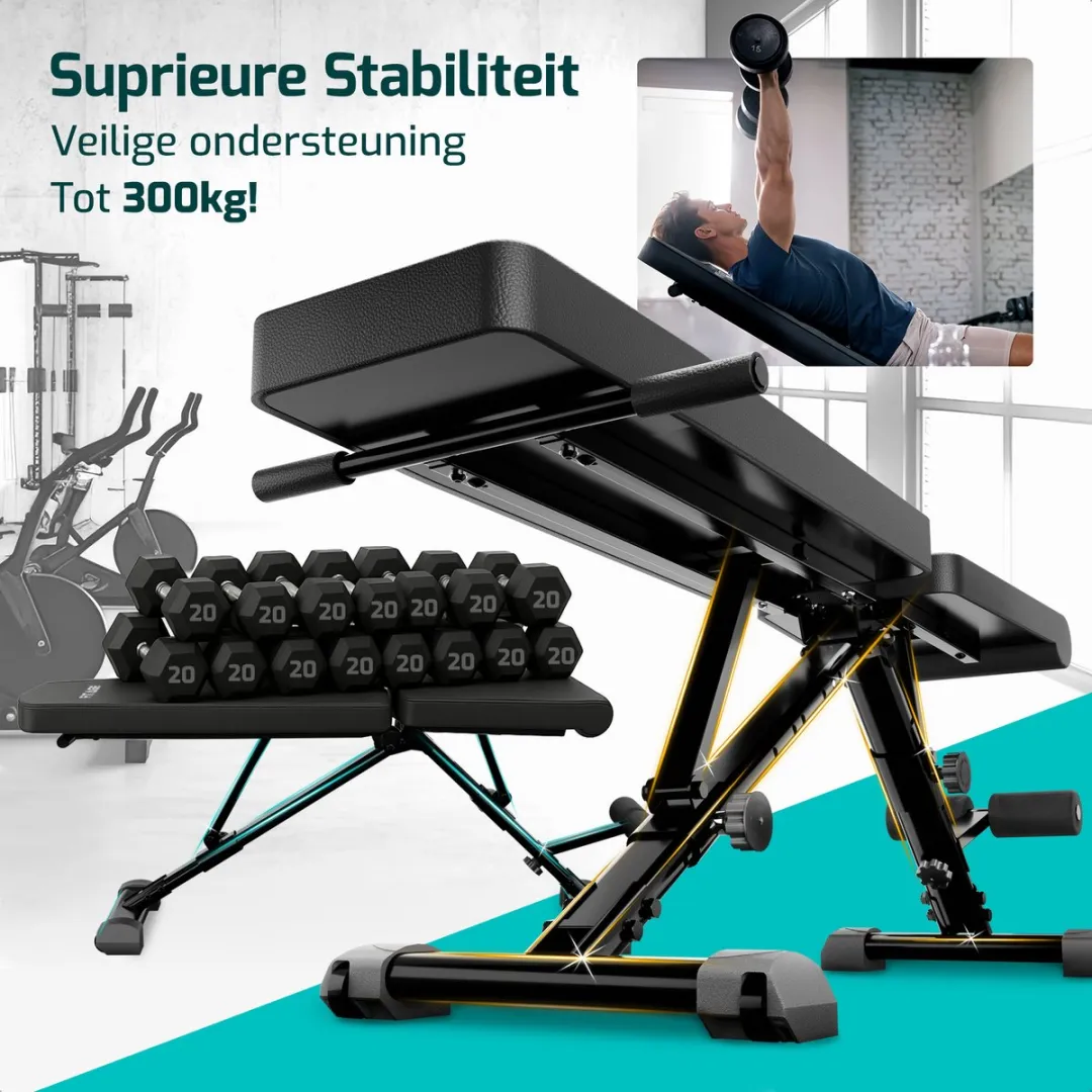 FITAGE Fitnessbank Halterbank 300KG - Verstelbaar Inklapbaar - Zwart