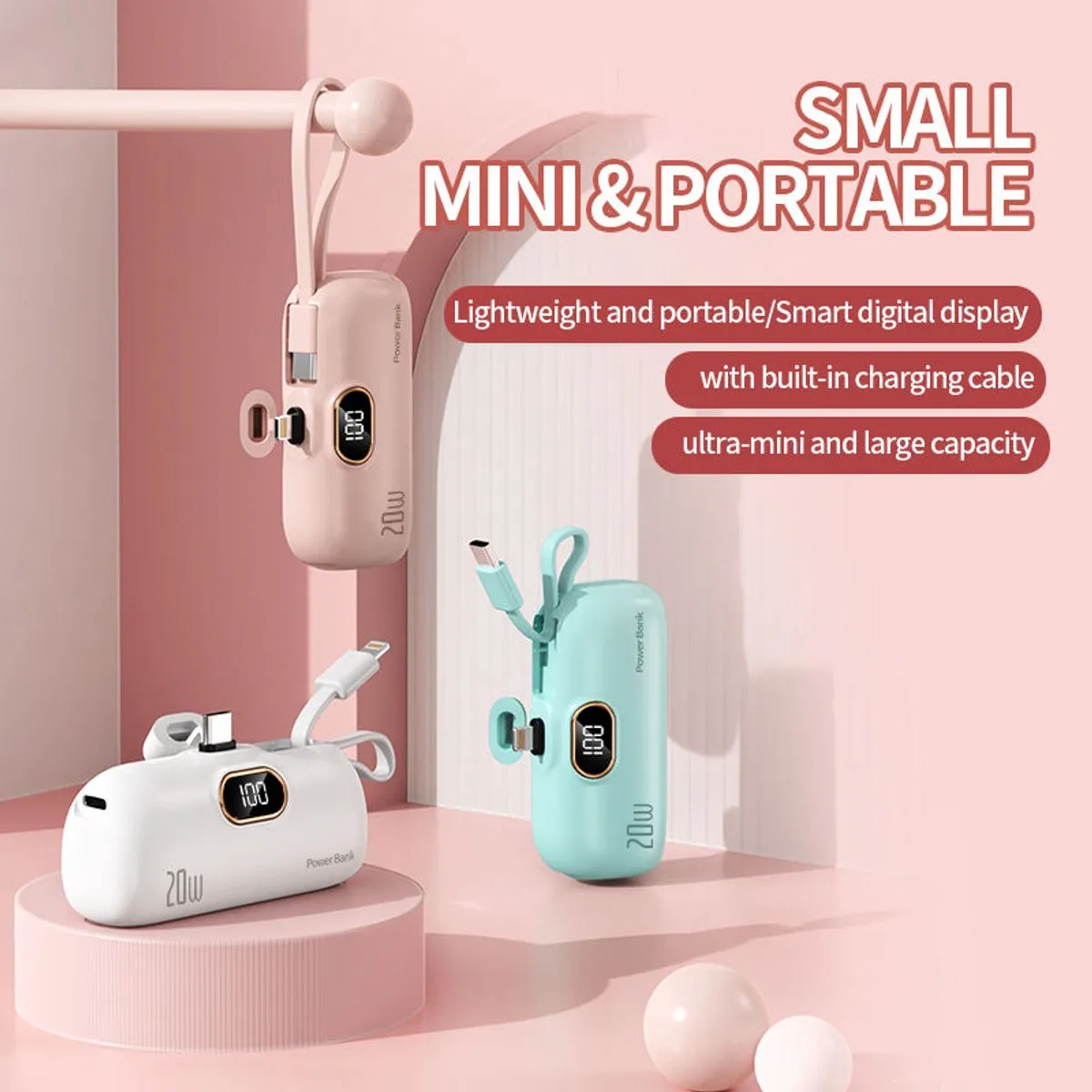 Premium Mini Powerbank 10.000 mAh (USB-C) - Compact formaat - Display - Externe Batterij - 2in1 Geïntegreerde Kabel - Mini Powerbank - USB-C Kabel - Iphone - Samsung - verschillende kleuren