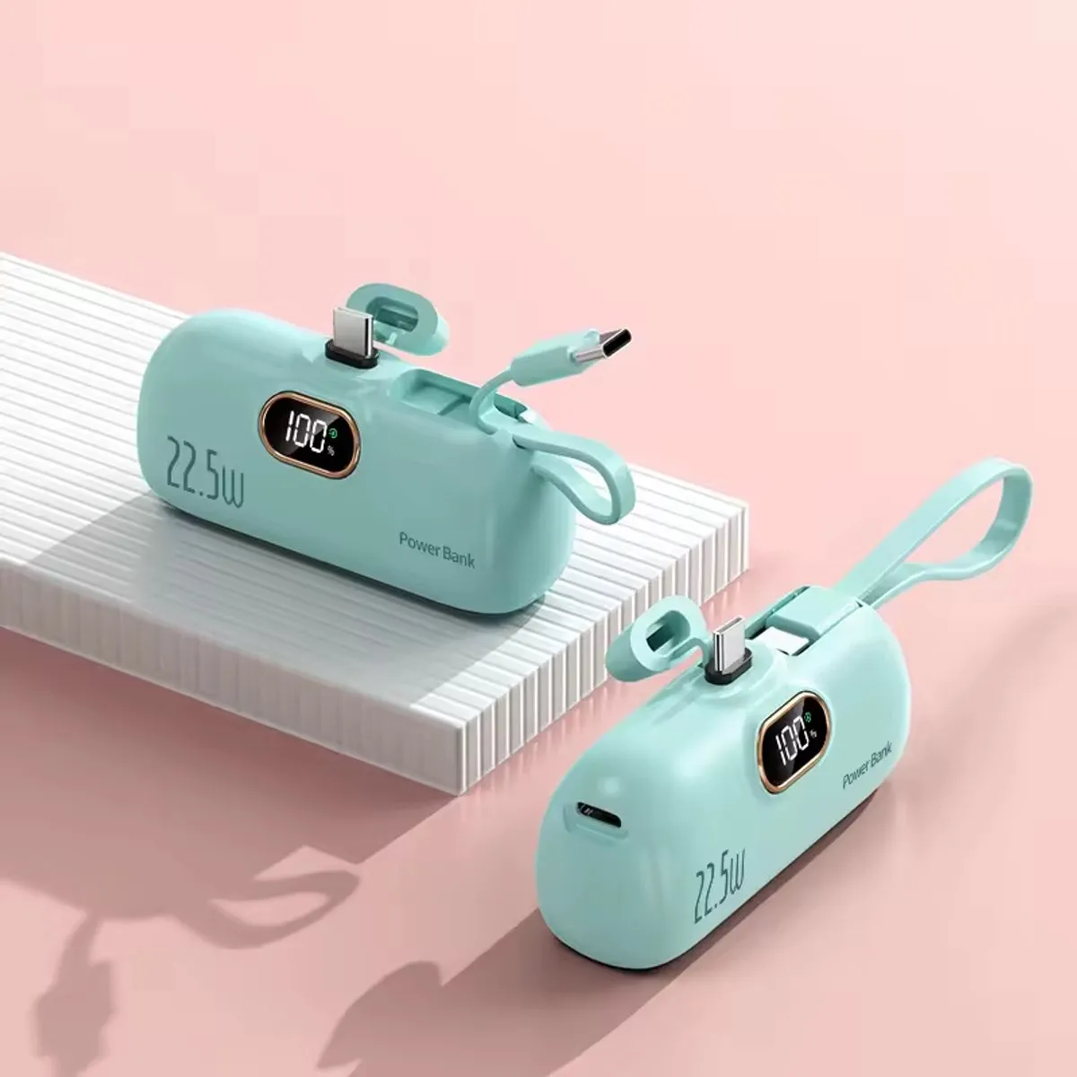 Premium Mini Powerbank 10.000 mAh (USB-C) - Compact formaat - Display - Externe Batterij - 2in1 Geïntegreerde Kabel - Mini Powerbank - USB-C Kabel - Iphone - Samsung - verschillende kleuren