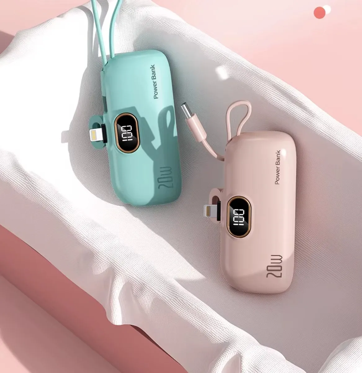 Premium Mini Powerbank 10.000 mAh (USB-C) - Compact formaat - Display - Externe Batterij - 2in1 Geïntegreerde Kabel - Mini Powerbank - USB-C Kabel - Iphone - Samsung - verschillende kleuren