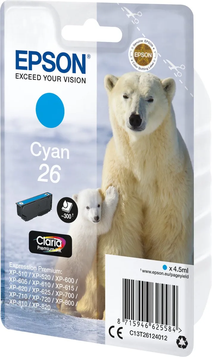 Epson C13T26124022 Cyan Inktcartridge - 300 pagina's
