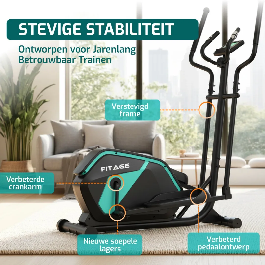 FITAGE Crosstrainer Hometrainer - 32 Niveaus - Bluetooth & Hartslagmeter - Zwart/Turquoise
