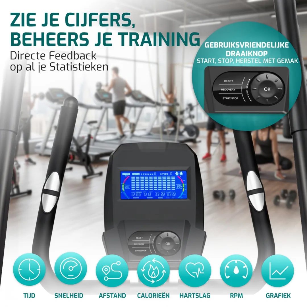 FITAGE Crosstrainer Hometrainer - 32 Niveaus - Bluetooth & Hartslagmeter - Zwart/Turquoise