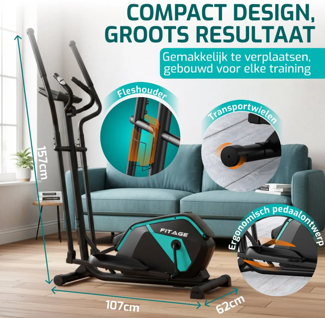 FITAGE Crosstrainer Hometrainer - 32 Niveaus - Bluetooth & Hartslagmeter - Zwart/Turquoise