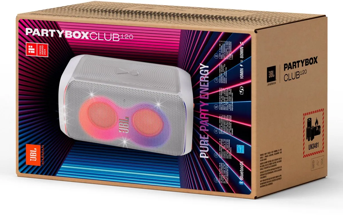 JBL Partybox Club 120 - Draadloze Bluetooth Party Speaker - Opvouwbare Handgreep - Spatwaterdicht - LED verlichting - 12 uur - Wit