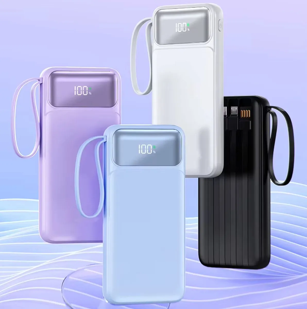 Powerbank 10.000 mAh - Snellader - Usb, Usb-C & Micro Usb - Universeel voor Smartphones, Tablets & Gadgets - Led Display - 4 Geïntegreerde Kabels - Zwart en Wit