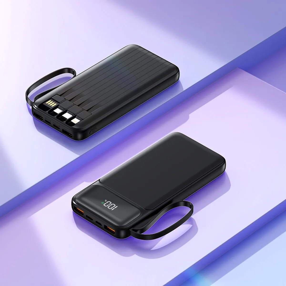 Powerbank 10.000 mAh - Snellader - Usb, Usb-C & Micro Usb - Universeel voor Smartphones, Tablets & Gadgets - Led Display - 4 Geïntegreerde Kabels - Zwart en Wit