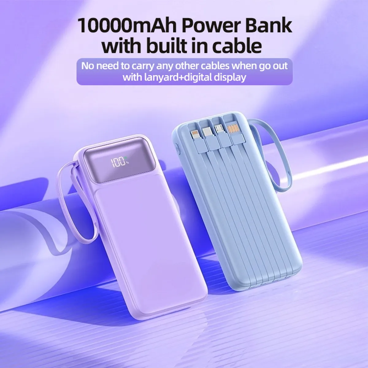 Powerbank 10.000 mAh - Snellader - Usb, Usb-C & Micro Usb - Universeel voor Smartphones, Tablets & Gadgets - Led Display - 4 Geïntegreerde Kabels - Zwart en Wit