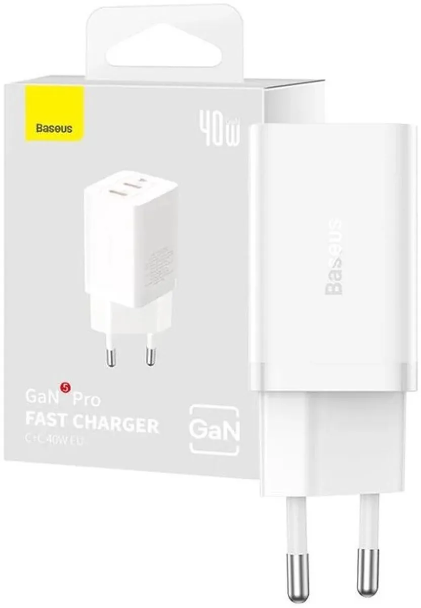 Baseus GaN5 Pro CCGP180102 USB-C Oplader 40W - 2x USB-C - Wit