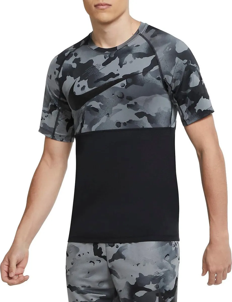 Nike S/S Slim Camo Sportshirt - Maat M - Zartgrijs