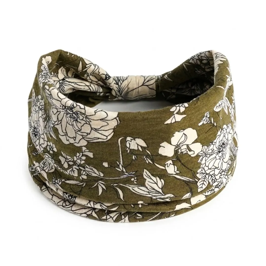 NuveX Olijfgroene Haarband met Witte Bloemenprint
