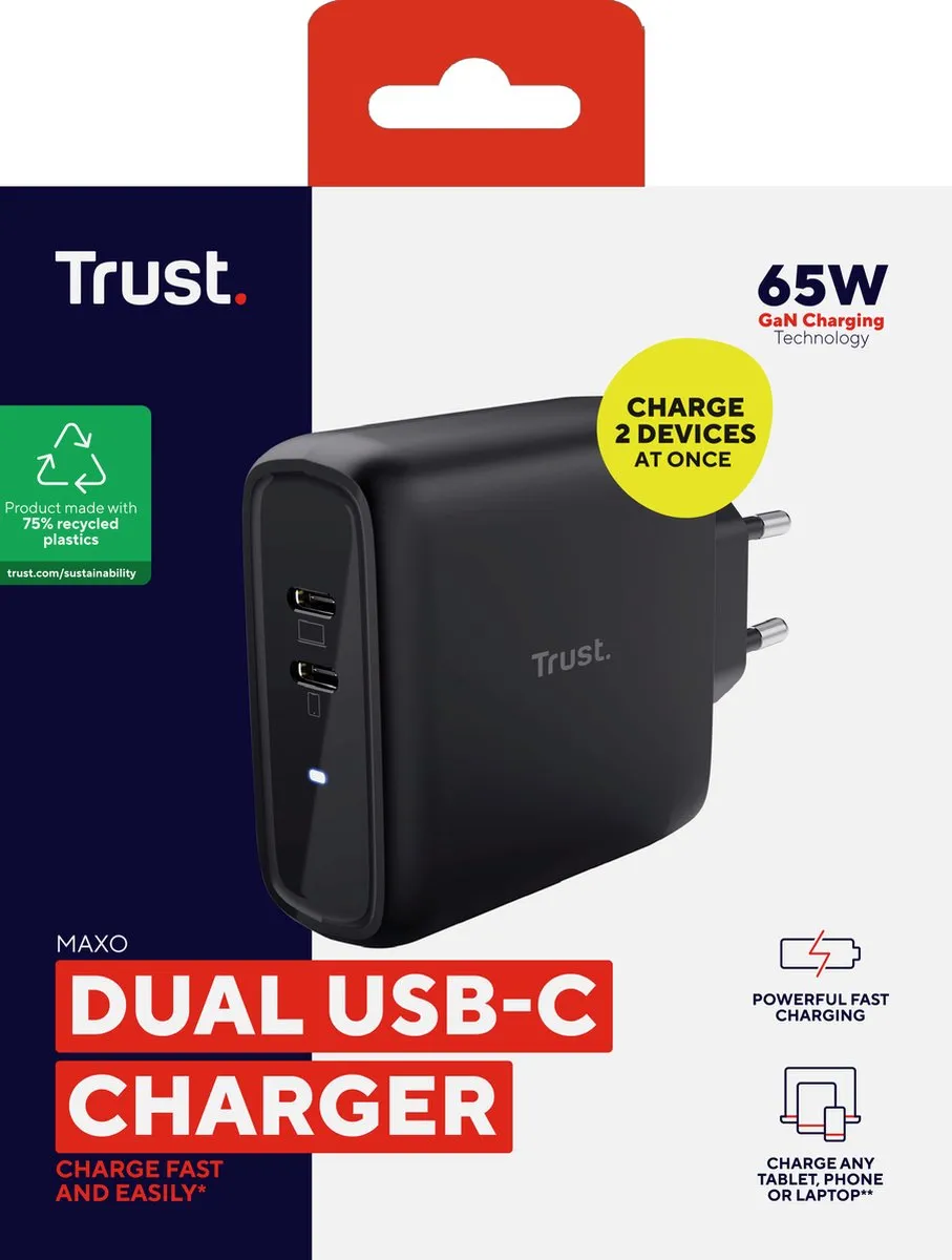 Trust Maxo 25380 Oplader 65W - 2x USB-C - Zwart - afbeelding 6 van 6
