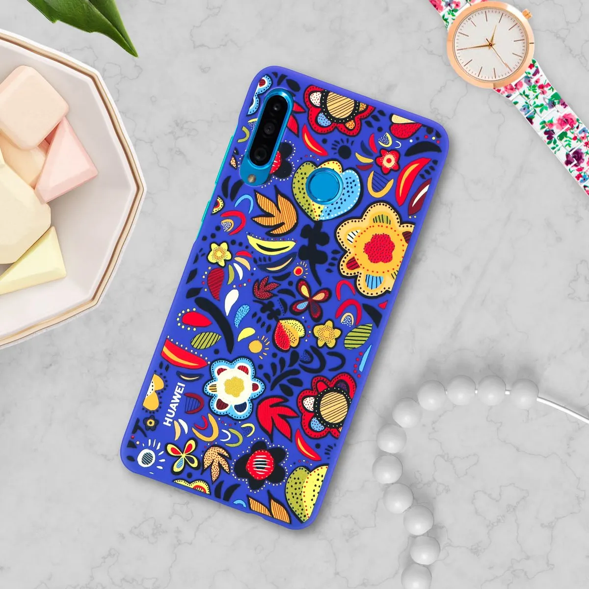 Huawei P30 Lite Hoesje - Floral Blue Design - Blauw