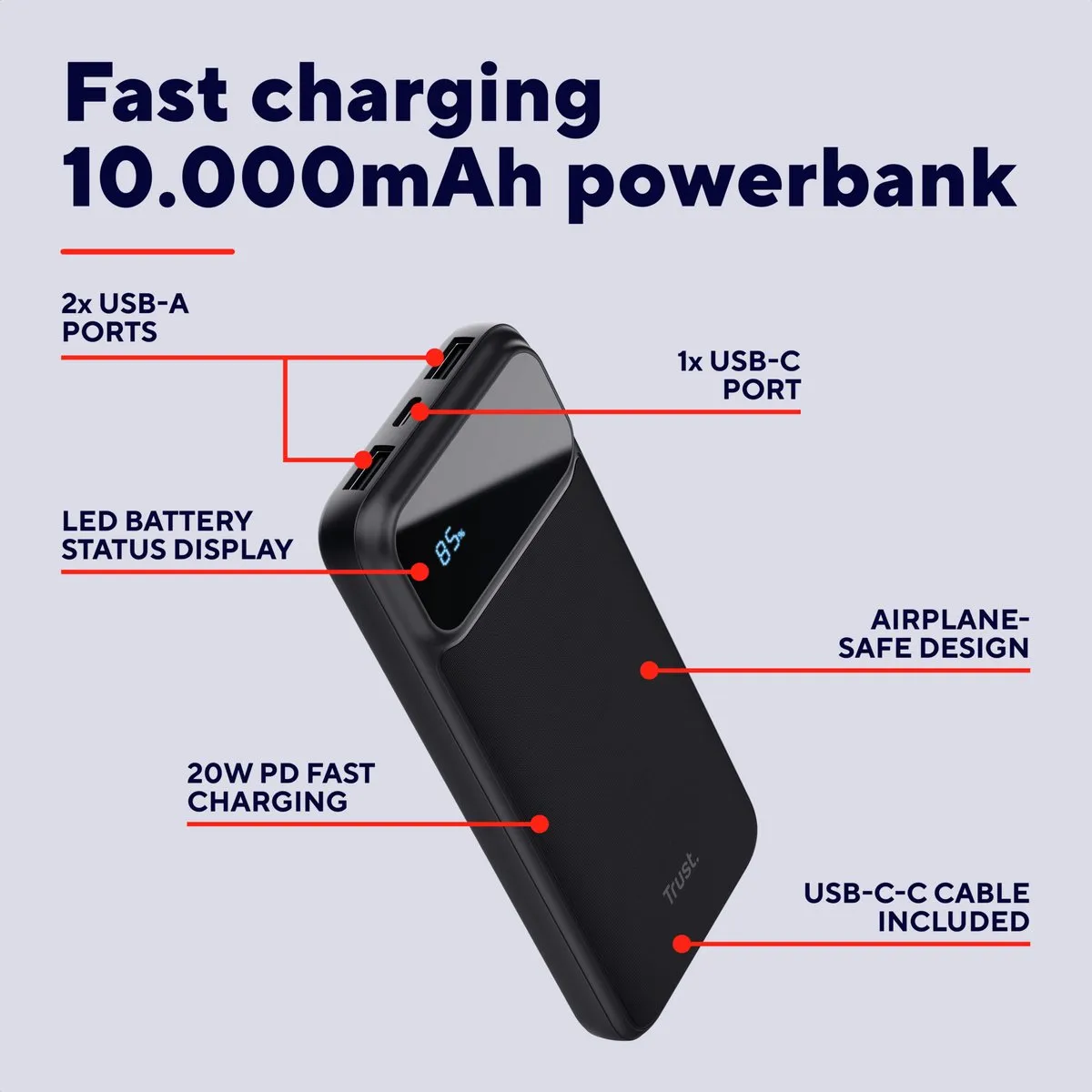 Trust Avala Powerbank 10000mAh 20W - 2x USB-A/USB-C - Zwart