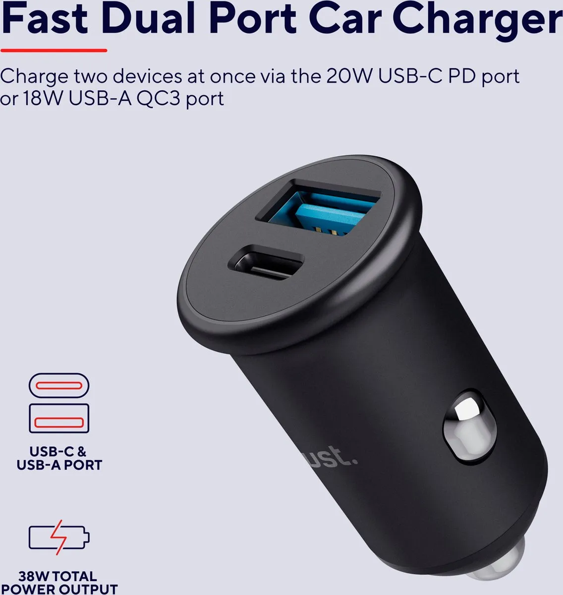 Trust Maxo 38W Autolader USB-C/A - 2 Poorten - Zwart - afbeelding 6 van 6