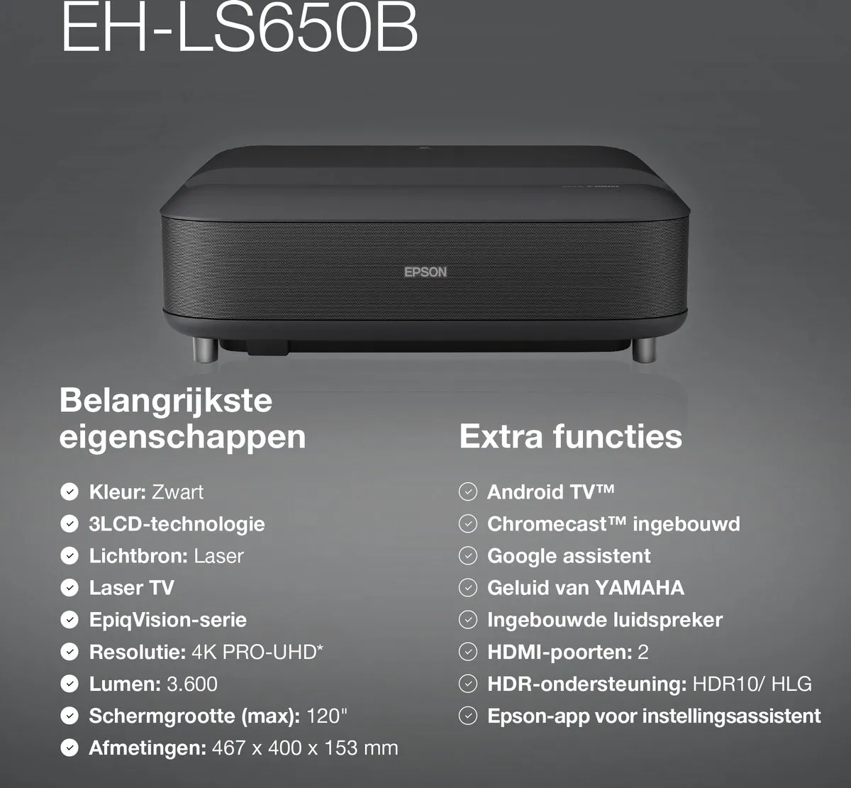 Epson EpiqVision Ultra EH-LS650B Beamer - Zwart
