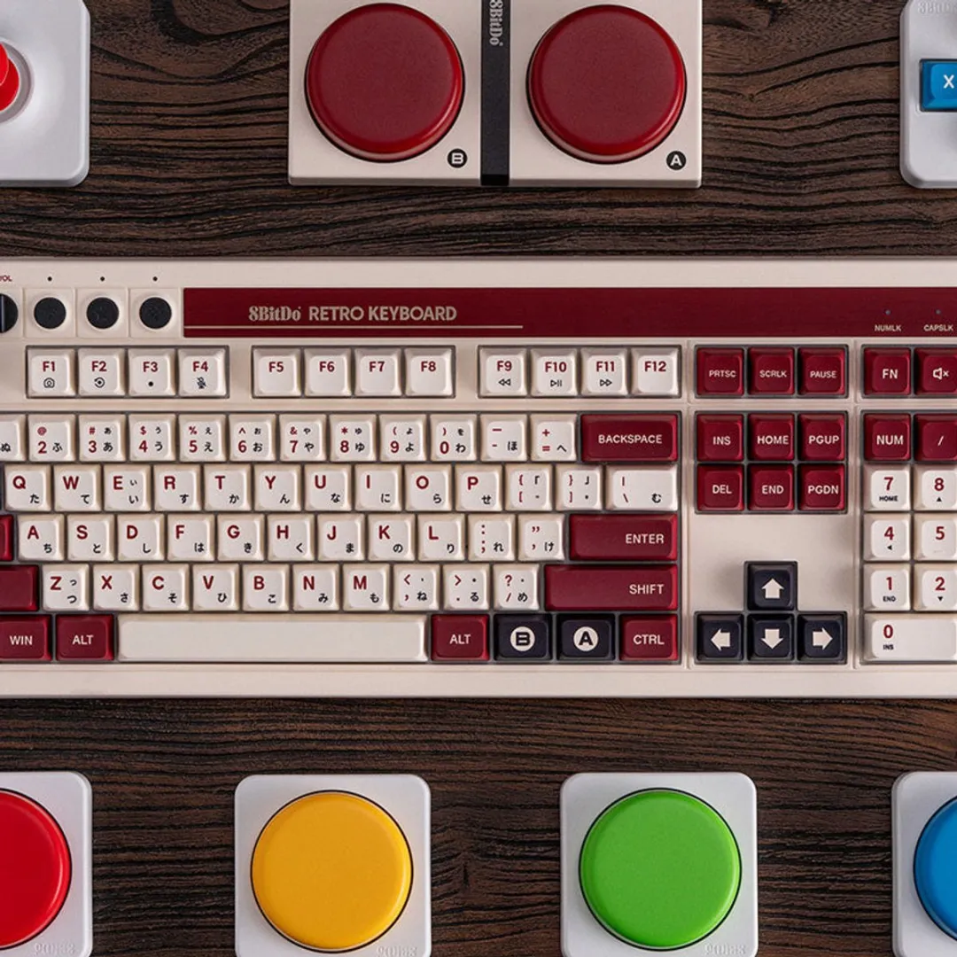 8Bitdo Retro 108 toetsenbord Gamen USB + RF Wireless + Bluetooth Bordeaux rood, Wit